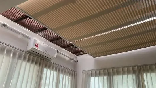 Room features: ceiling with wooden slats, recessed lighting, 1 wall-mounted split AC, sheer curtains, light-filtering window treatments, white painted walls; style: modern.