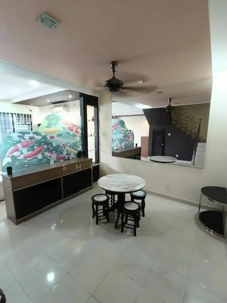 Room features: white tiled flooring, ceiling fan, marble-top round dining table, four black wooden stools, decorative wall mural with colorful fruit and foliage design, open layout with visible staircase, built-in cabinetry with dark wood finish, recessed lighting; style: modern.