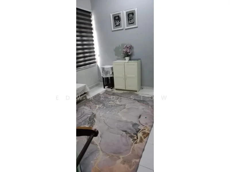 Room features: grey painted walls, white ceiling, tile flooring, area rug with marble pattern, white cabinet, decorative wall art, window with blinds, small table, flower vase; style: modern.