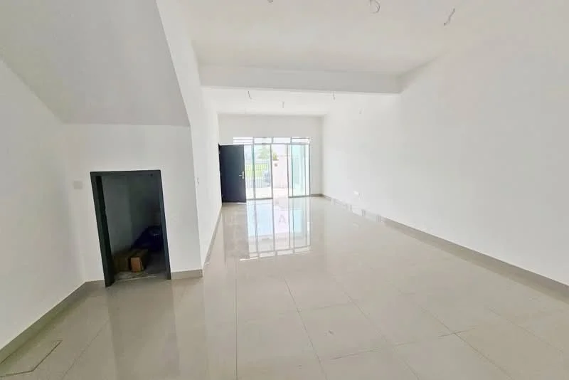 Room features: white painted walls, glossy ceramic tile flooring, large glass sliding door, natural light from windows, high ceiling, minimalist design, open space layout, no visible furniture; style: modern; view: garden.