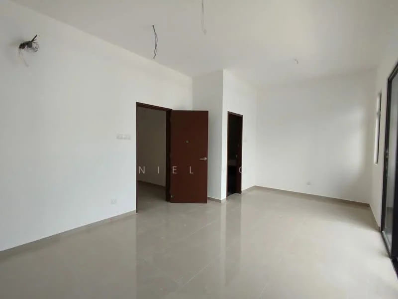 Room features: white painted walls, light grey tiled flooring, two wooden doors, large window, ceiling with exposed wiring, no visible furniture or decor; style: modern.