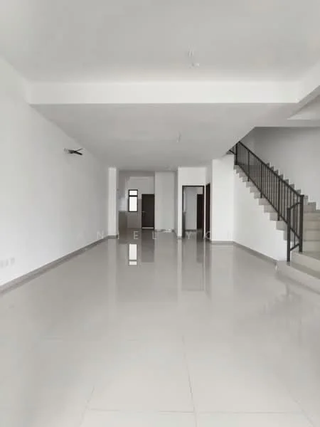 Room features: white painted walls, polished ceramic tile flooring, large open space, staircase with metal railing, high ceiling, multiple windows for natural light, neutral color palette, no visible furniture or decor; style: modern.