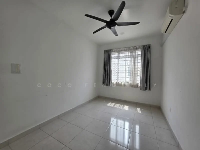 Room features: white painted walls, tile flooring, 5-blade ceiling fan, floor-to-ceiling window, sheer curtains, wall-mounted split AC, natural light, neutral color scheme; style: modern.