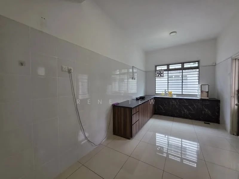 Kitchen features: white tiled walls, cream tiled flooring, brown wooden cabinetry, black marble countertop, stainless-steel gas hob, single-bowl stainless-steel sink, window with grid design, natural light from window; style: modern.