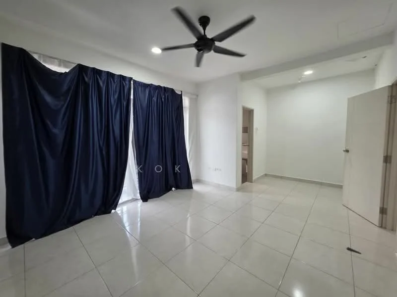 Room features: white painted walls, glossy tile flooring, 5-blade ceiling fan, floor-to-ceiling windows covered with dark curtains, recessed downlights, neutral color scheme, doorway leading to another room; style: modern.