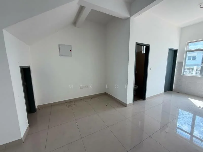 Room features: white painted walls, tile flooring, sloped ceiling, window with natural light, doorway to adjacent room, electrical panel on wall, corner space, neutral color scheme; style: modern.