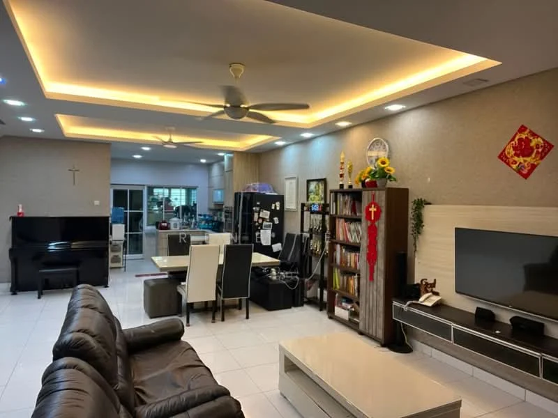 Living features: 5-blade ceiling fan with light, recessed downlights, cream painted walls, white tiled flooring, black leather sofa, coffee table, wall-mounted TV, entertainment unit, decorative wall with artwork, dining table with chairs, kitchen area visible in background, fridge visible in background; style: modern.