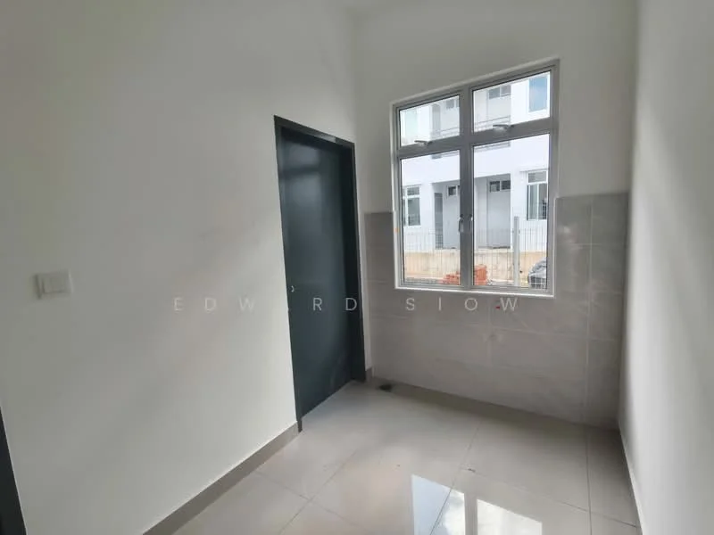 Room features: white painted walls, grey tiled flooring, single window with clear glass, dark blue door, tile cladding on lower half of the wall.