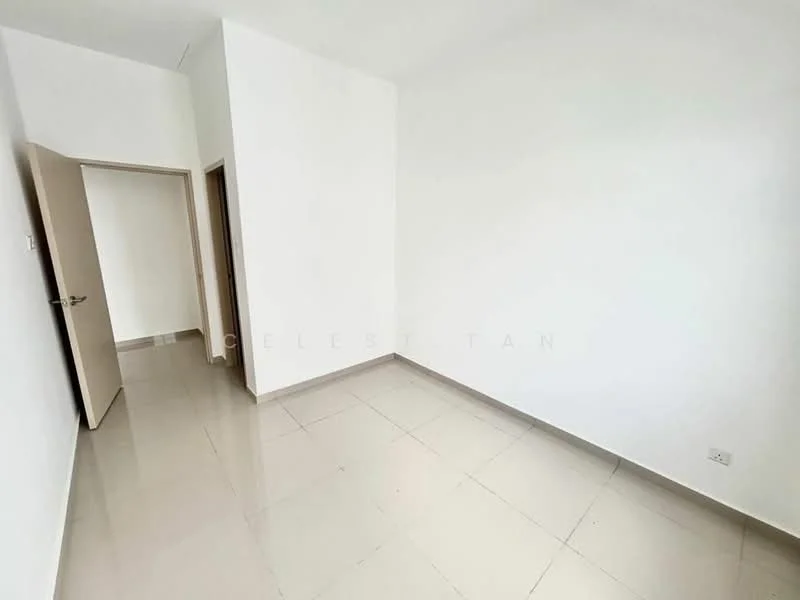 Room features: white painted walls, tile flooring, single door, door frame, corner entry, natural light from door opening, neutral color scheme.