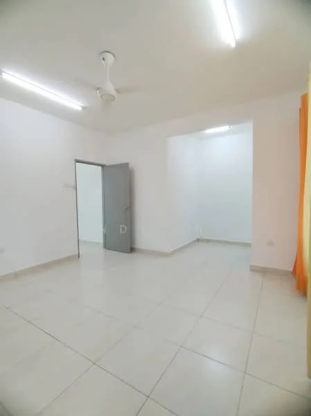 Room features: white painted walls, tile flooring, ceiling with fluorescent lights, ceiling fan, door to adjacent room, window with orange curtains, empty space, neutral color scheme; style: modern.