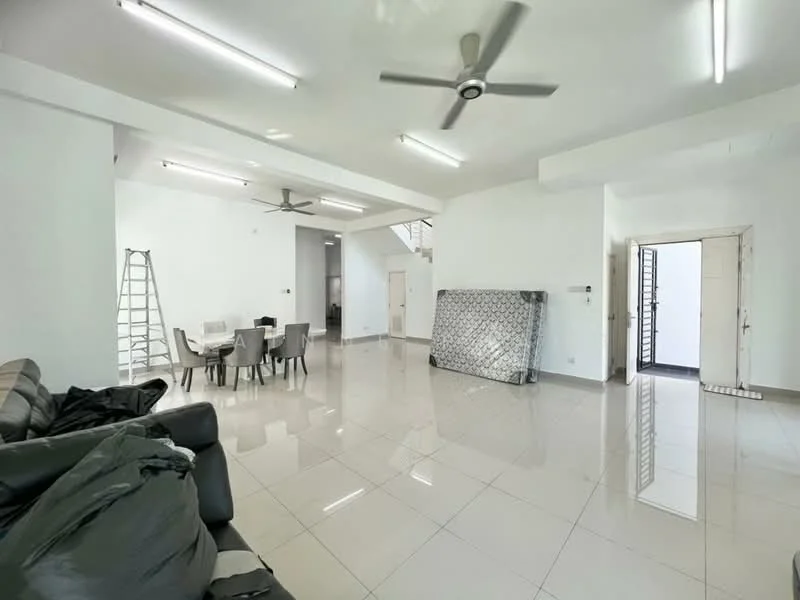 Living features: white painted walls, polished ceramic tile flooring, 5-blade ceiling fan with light, recessed LED downlights, large windows, open layout, dining area with 6-seater dining table, sofa, ladder, decorative mirror, staircase, door leading outside; style: modern.