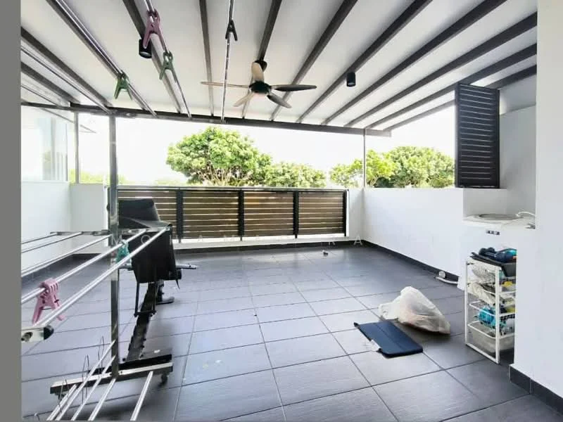 Balcony features: grey tiled flooring, exposed beam ceiling, ceiling fan, black louvered window, clothes drying rack, plastic storage cart, open view, white walls; style: modern; view: garden.