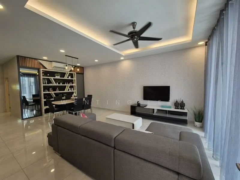 Living features: 3-seater fabric sofa in grey, coffee table, wall-mounted TV, TV console, area rug, 5-blade ceiling fan with light, recessed downlights, floor-to-ceiling windows with sheer curtains, decorative plants in ceramic pots, feature wall with wallpaper, open shelving unit, dining area in background; style: modern.