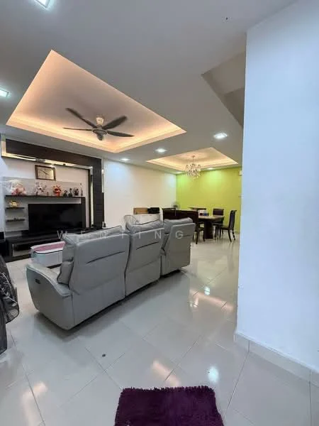 Living features: 3-seater leather sofa in light grey, reclining sofa, coffee table, wall-mounted TV, TV console, ceiling fan with light, recessed downlights, area rug with purple color, white painted walls, glossy tile flooring, decorative wall panel, open layout to dining area; style: modern. Dining features: 6-seater dining table, upholstered dining chairs, green accent wall, chandelier, white ceiling, glossy tile flooring; style: modern.