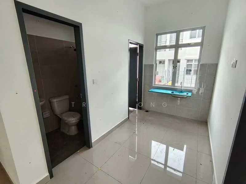 Room features: white painted walls, grey tiled flooring, single-piece toilet, sink with blue countertop, window with grid design, door leading outside, light fixture on ceiling; style: modern.