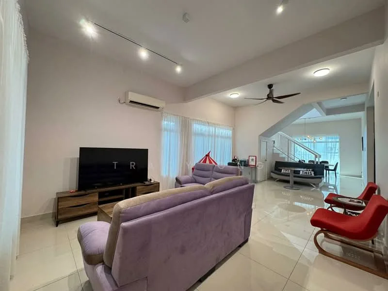 Living features: purple fabric sofa, 2-seater sofa, TV console, wall-mounted TV, ceiling fan, recessed downlights, large windows with sheer curtains, glossy tile flooring, open layout, decorative wall art, coffee table, red accent chair; style: modern.