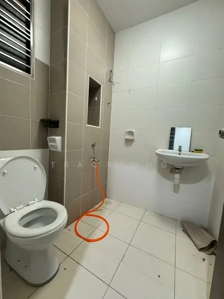 Bathroom features: white toilet, white sink, orange hose, tile flooring, beige wall tiles, white wall tiles, window with metal grille, built-in shelf, mirror above sink.