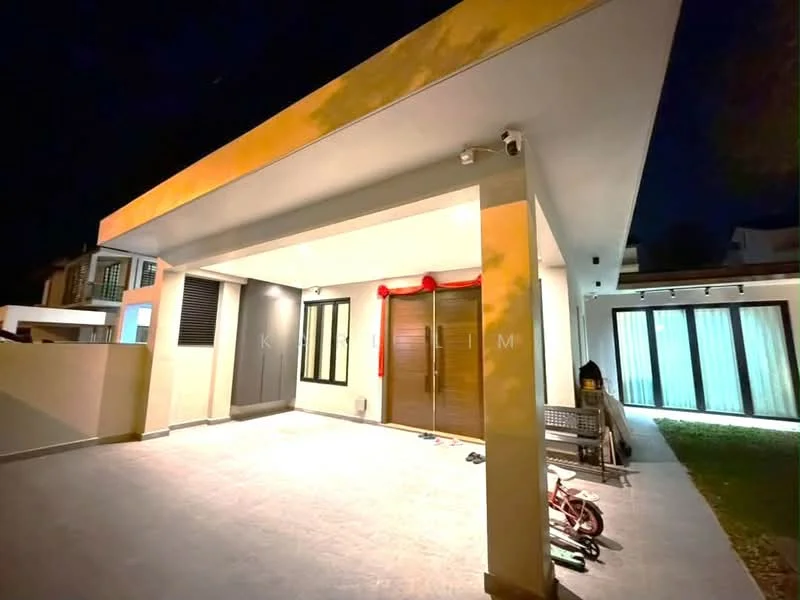 Exterior type: detached bungalow; features: flat roof, cream painted facade, wooden main entrance door, outdoor lighting, manicured lawn, paved walkway, large glass sliding doors, decorative red ribbon, covered car porch; style: modern.