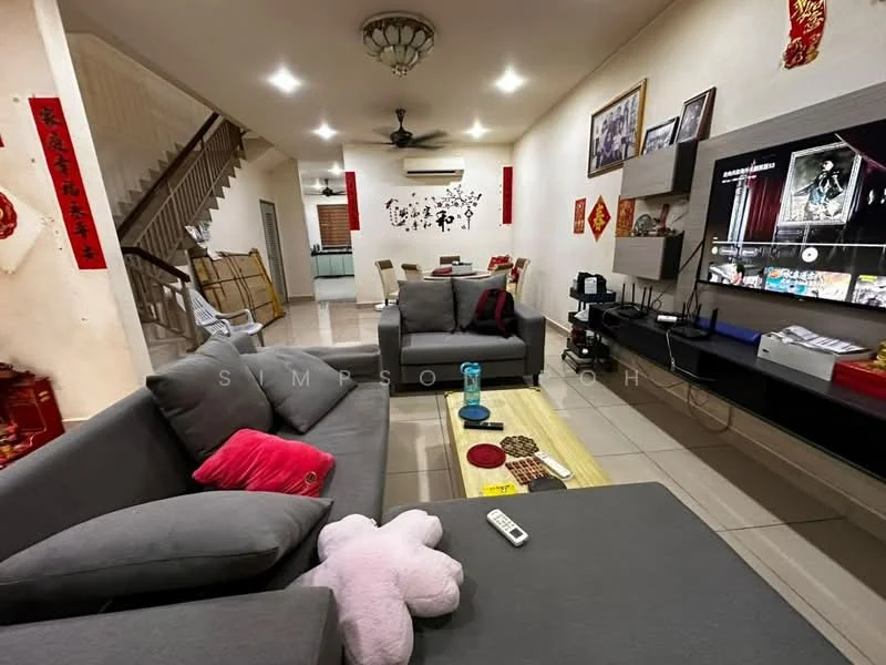 Living features: grey fabric 3-seater sofa, grey fabric 2-seater sofa, wooden coffee table, wall-mounted TV, TV console with storage, decorative wall art, ceiling fan, recessed lighting, tile flooring, white painted walls, decorative red wall hangings, area rug; style: contemporary. Room features: staircase, open space layout, air conditioning unit.