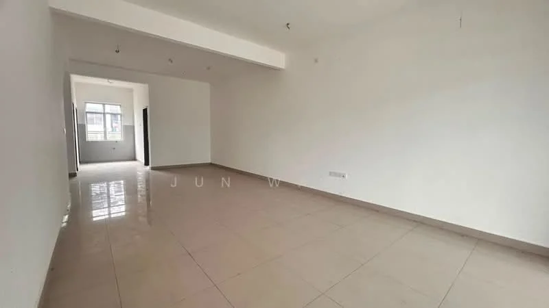 Room features: white painted walls, glossy tile flooring, large windows, natural light, ceiling with recessed lighting, open layout, neutral color scheme, no visible furniture; style: modern.