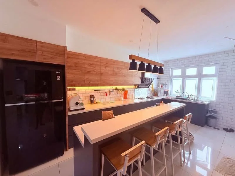 Kitchen features: black fridge, white quartz countertop, wood cabinetry with horizontal grain, white subway tile backsplash, stainless-steel sink, chrome pull-down faucet, pendant lighting with three black shades, bar seating with three wooden stools, built-in oven, microwave, kitchen island, open shelving, multiple windows for natural light, white tiled flooring, LED under-cabinet lighting; style: modern.