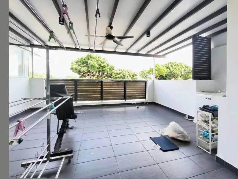 Balcony features: grey tiled flooring, ceiling fan, metal railing, clothes drying rack, black folding chair, white storage cart, greenery view, open space; style: modern; view: garden.