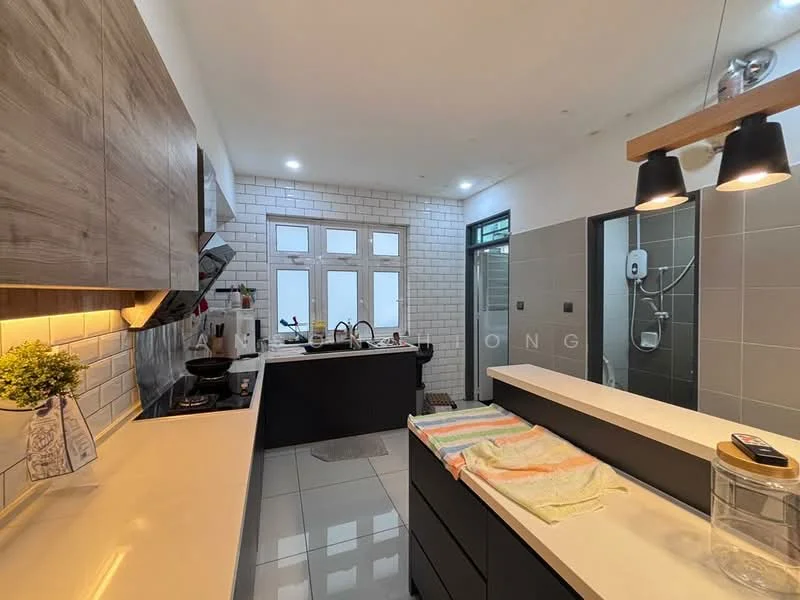 Kitchen features: white subway tile backsplash, grey cabinetry, black countertop, stainless-steel sink, chrome pull-down faucet, built-in oven, freestanding range oven, refrigerator, pendant lighting, open shelving, floor-to-ceiling windows, tile flooring, wall-mounted microwave, kitchen island, dishwasher; style: modern.