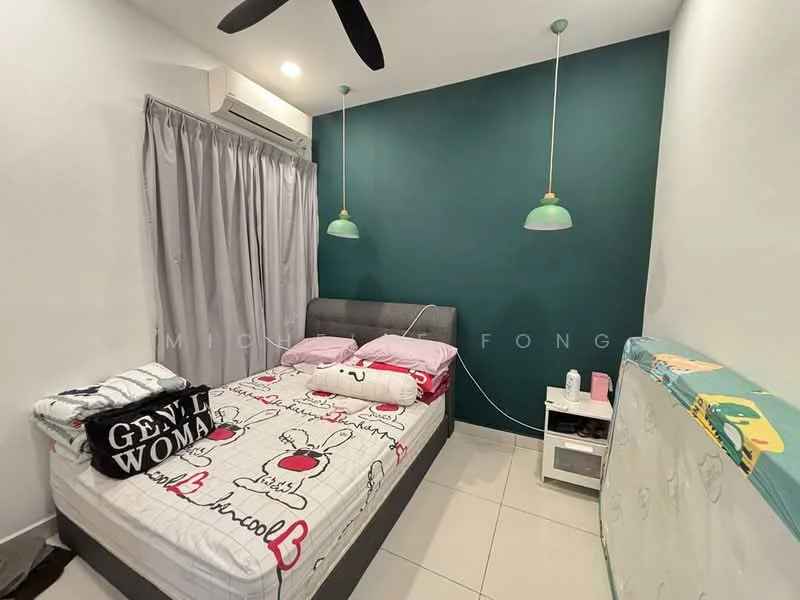 Bedroom features: queen-size bed with grey upholstered headboard, pink and white bedding with decorative pillows, 2 green pendant lights, light grey curtains, white walls, dark green accent wall, floor tiles, air conditioning unit on wall, nightstand with lamp, decorative wall art; style: modern.
