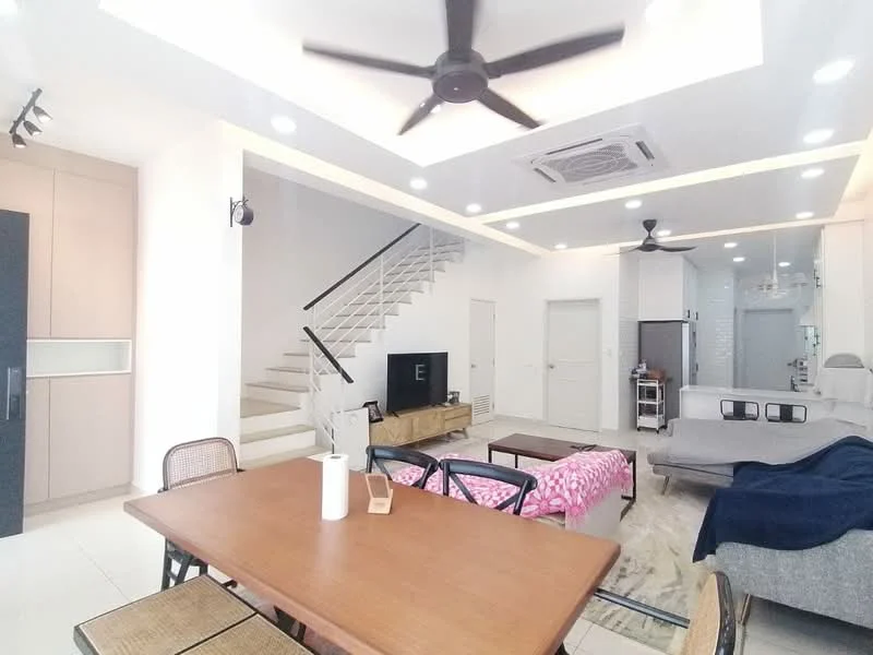 Living features: 5-blade ceiling fan with light, recessed downlights, wall-mounted TV, sofa in grey, coffee table, dining table with chairs, open shelving, staircase with white railing, tile flooring, white painted walls, air conditioning unit; style: modern. Dining features: wooden dining table, 4 dining chairs, table setting with paper towel, decorative items on table; style: modern.