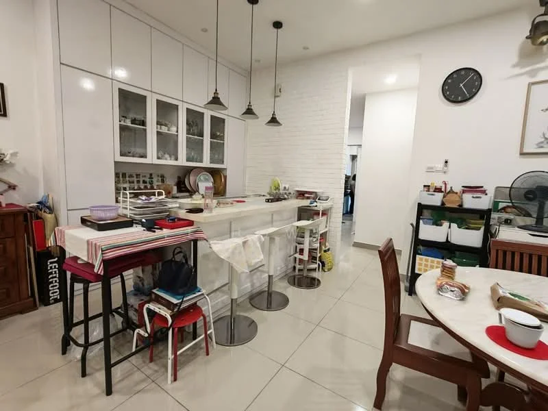 Kitchen features: white cabinetry with glass-front upper cabinets, white tiled backsplash, marble countertop, bar stools with chrome legs, pendant lighting above the counter, stainless-steel appliances, open shelving, ceramic tile flooring, wall clock, dining table with chairs, fan, decorative wall art; style: modern.