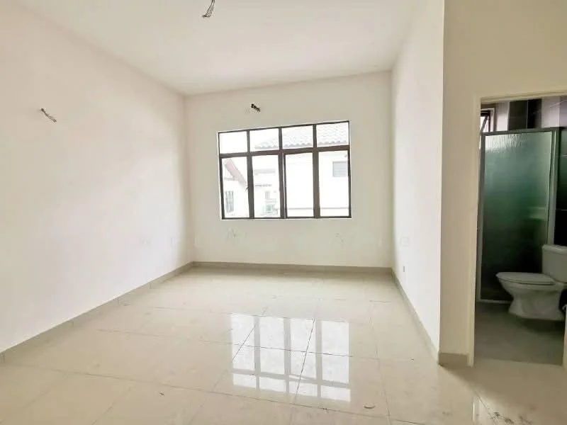 Room features: white painted walls, polished ceramic tile flooring, large windows, natural light, doorway to bathroom, neutral color scheme, high ceiling, no visible furniture; style: modern.