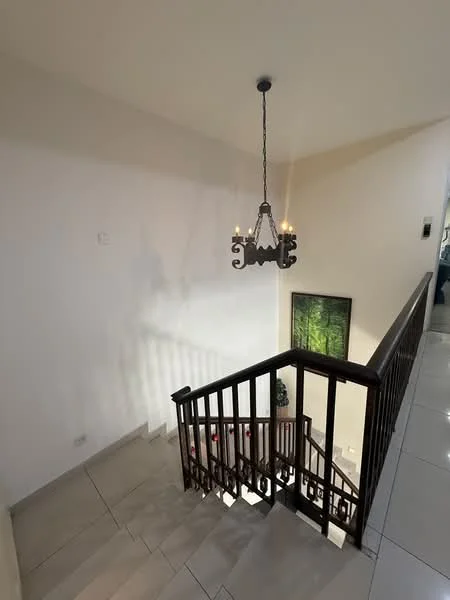 Room features: white painted walls, tile flooring, wooden staircase, chandelier with multiple bulbs, framed artwork on wall, handrail, natural light from upper level; style: modern; view: staircase.