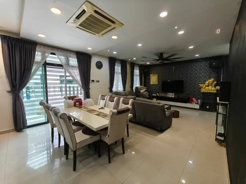 Living features: cream painted walls, dark accent wall with decorative pattern, white ceiling with recessed downlights, 5-blade ceiling fan, floor-to-ceiling windows with sheer curtains, sliding glass door, grey fabric sofa, coffee table, TV console, wall-mounted TV, decorative wall cross, decorative gold statue, area rug, marble tile flooring; style: modern. Dining features: 6-seater dining table, upholstered dining chairs, white table with black legs; style: modern.