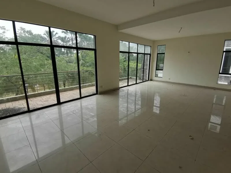 Living features: large floor-to-ceiling windows, sliding glass door, white painted walls, polished ceramic tile flooring, neutral ceiling, open layout, view of greenery, natural light; style: modern; view: garden.