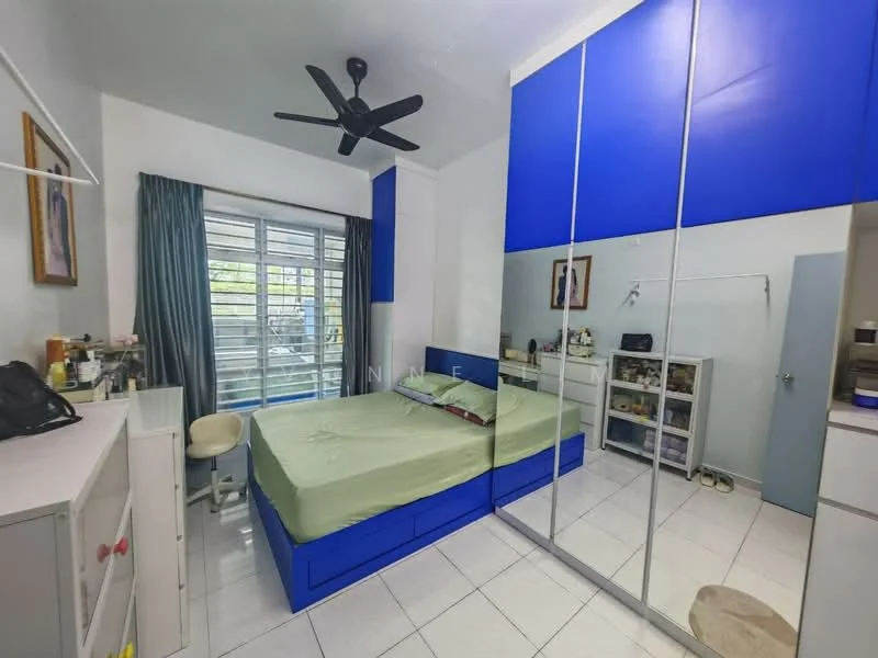 Bedroom features: queen-size bed with green bedding, blue platform bed frame, built-in mirrored wardrobe, white bedside table, ceiling fan with light, white tiled flooring, curtains in dark grey, wall-mounted artwork, window with horizontal slats, shelving unit, decorative items on shelves; style: modern.