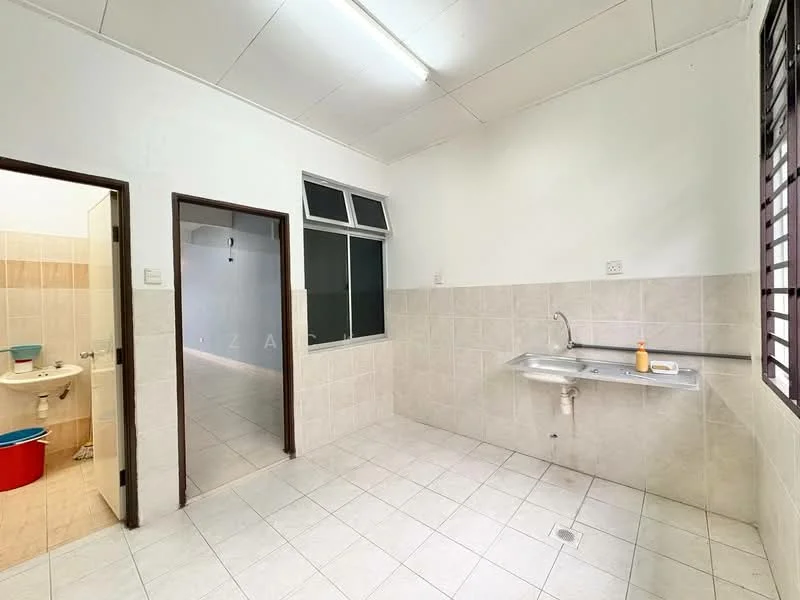 Kitchen features: single-bowl stainless-steel sink, chrome faucet, wall-mounted cabinetry, white tiled backsplash, cream tiled flooring, window with metal grilles, light fixture on ceiling, countertop with stainless-steel surface. Room features: cream tiled flooring, light-colored walls, doorway leading to another room.