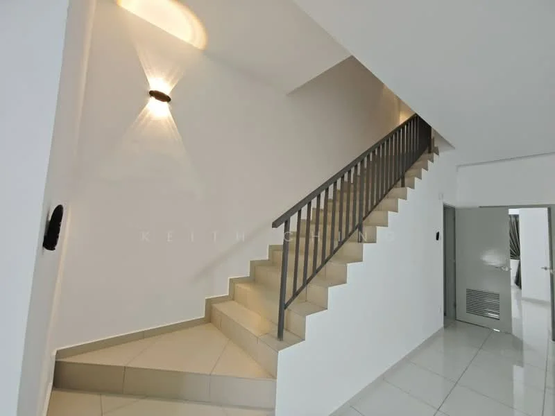 Room features: white painted walls, grey tiled flooring, staircase with beige steps, metal railing, wall-mounted light fixture, doorway leading to another room; style: modern.