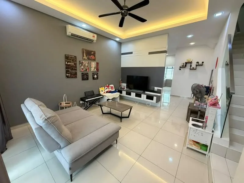 Living features: grey painted walls, white ceiling with recessed lighting, 5-blade ceiling fan with light, large flat-screen TV on console, light grey fabric sectional sofa, black coffee table, decorative wall art, white tiled flooring, air conditioning unit on wall, window with sheer curtains, decorative items on shelves; style: modern.