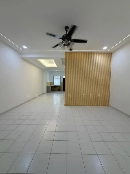 Living features: white painted walls, ceiling with recessed downlights, 5-blade ceiling fan with light, light grey floor tiles, wood feature wall, open layout, large window for natural light, neutral color palette; style: modern.