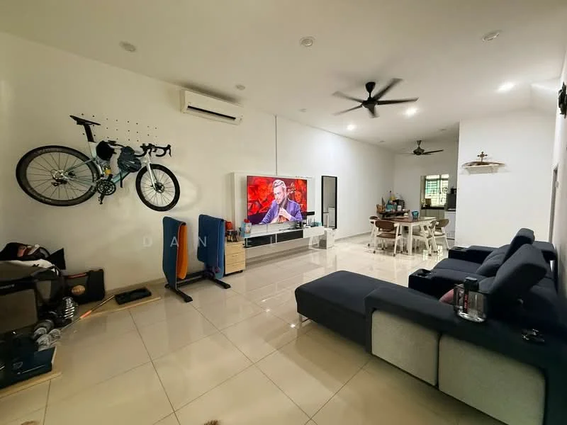 Living features: grey fabric sectional sofa, black coffee table, wall-mounted TV, TV console, 5-blade ceiling fan, white painted walls, glossy tile flooring, decorative wall with bike mount, area rug, dining table with chairs in background, window with natural light; style: modern.