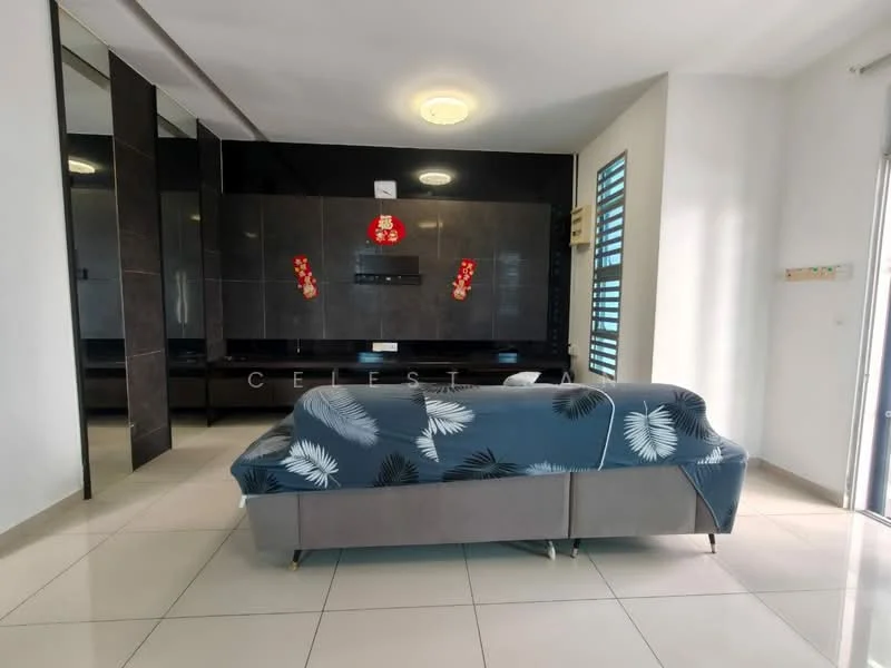 Living features: sofa with floral pattern, wall-mounted TV, black feature wall, light-colored tiled flooring, recessed ceiling light, sliding glass door, decorative wall art, built-in cabinetry, window with horizontal slats; style: modern.