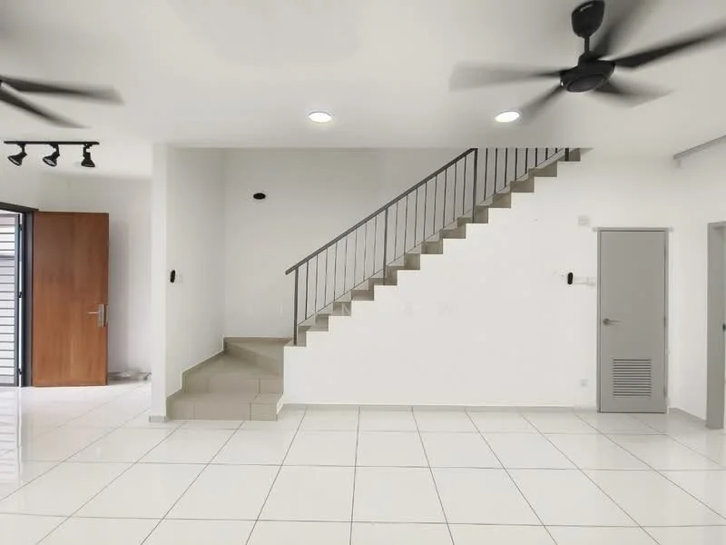 Room features: white painted walls, white ceiling, recessed downlights, 2 ceiling fans, large floor tiles, staircase with metal railing, open space layout, door leading outside, light switch on wall, door frame, corner wall with no visible features; style: modern.