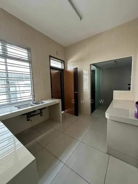 Laundry features: white cabinetry, single-bowl stainless-steel sink, chrome faucet, light-colored tiled walls, large window for natural light, grey floor tiles, open layout, doorway to adjacent room; style: modern.