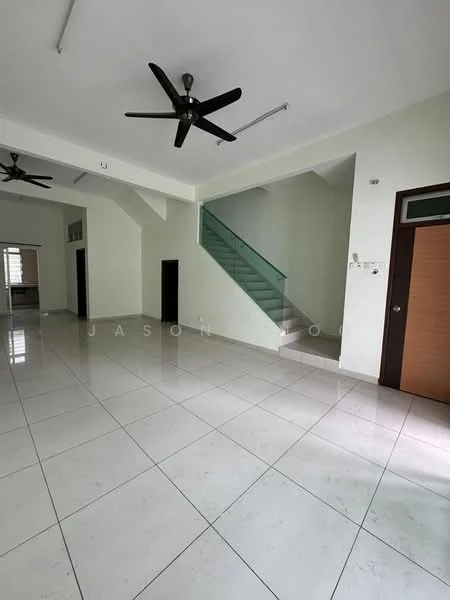 Living features: white painted walls, polished ceramic tile flooring, 2 ceiling fans, large windows for natural light, staircase with glass railing, open layout, doorway leading to another room, corner for potential furniture placement; style: modern.