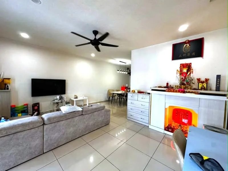 Living features: 3-seater fabric sofa in light grey, wall-mounted flat-screen TV, coffee table, recessed LED downlights, 5-blade ceiling fan, white painted walls, glossy tile flooring, decorative altar with offerings, built-in cabinetry, dining table with chairs, open layout to adjacent room; style: modern.