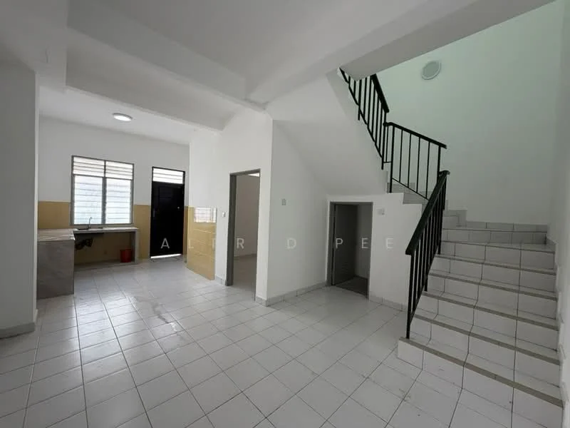 Room features: white painted walls, white tiled flooring, staircase with black metal railing, window with grid pattern, kitchen area with tiled backsplash, open layout, ceiling light fixture, doorway leading to another room; style: modern.