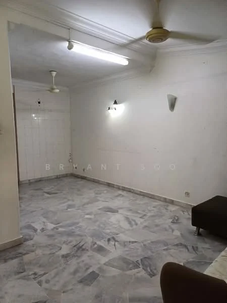 Room features: marble flooring, white painted walls, ceiling with fluorescent lighting, ceiling fan, wall-mounted sconces, corner sofa, neutral color scheme; style: minimalist.