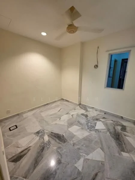 Room features: marble flooring, white painted walls, ceiling fan, single window, recessed downlights.