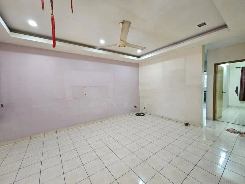 Room features: white painted walls, light purple accent wall, ceramic tile flooring, recessed downlights, ceiling fan, no visible furniture, empty space, doorway leading to another room.