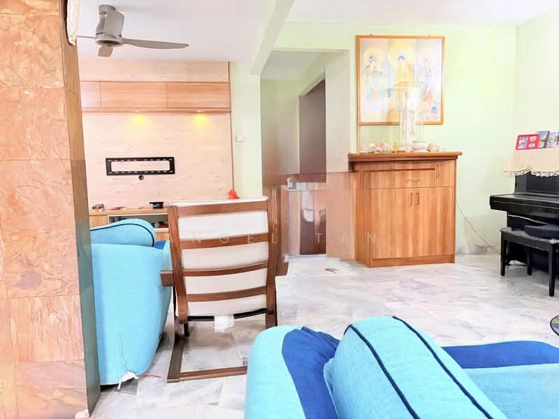 Living features: blue fabric sofa, wooden armchair, marble flooring, wooden cabinet, wall-mounted TV, decorative wall art, ceiling fan, piano, light green painted walls, wooden side table; style: contemporary.